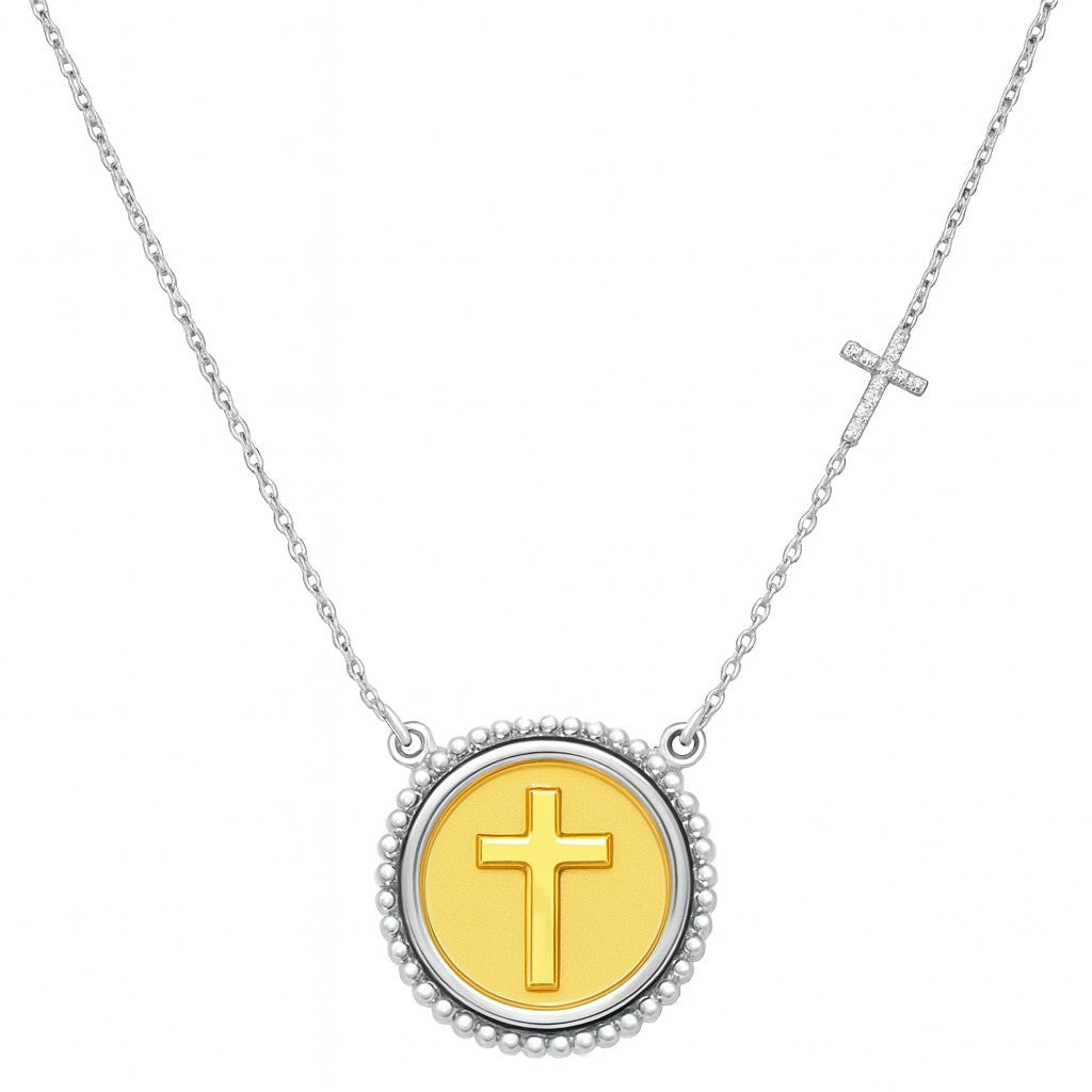 Beaded Cross Medal Necklace with Diamond Accent Cross