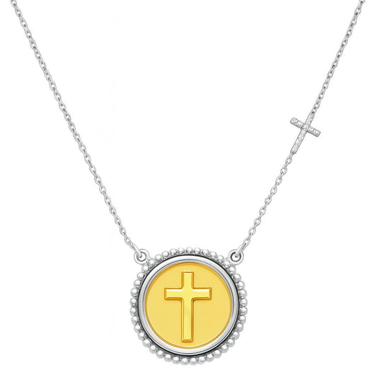 Beaded Cross Medal Necklace with Diamond Accent Cross