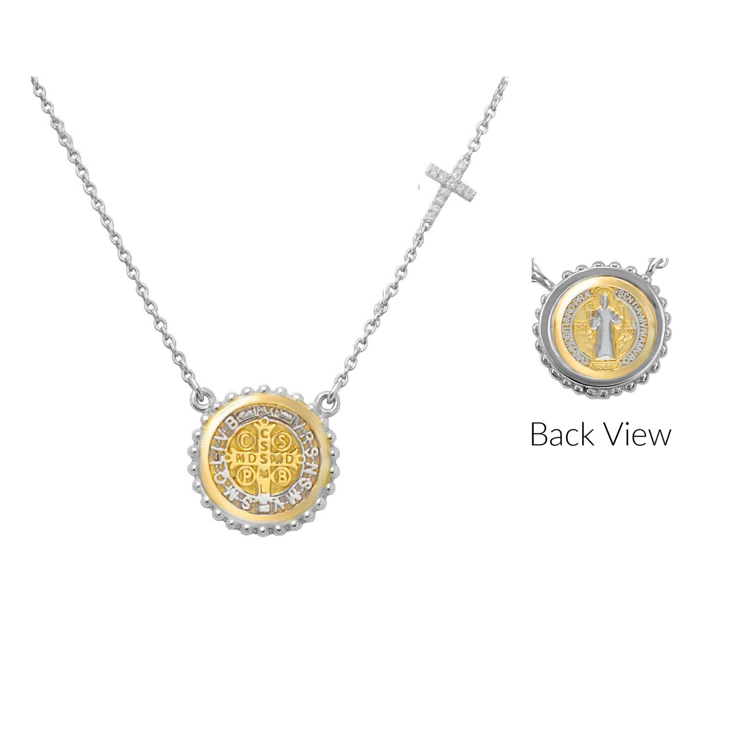 Beaded Border Mini Saint Benedict Medal with Mini Diamond Accent Cross Necklace