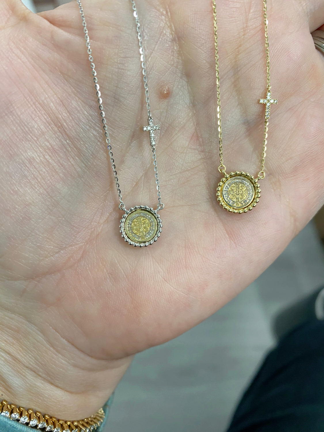 Beaded Border Mini Saint Benedict Medal with Mini Diamond Accent Cross Necklace