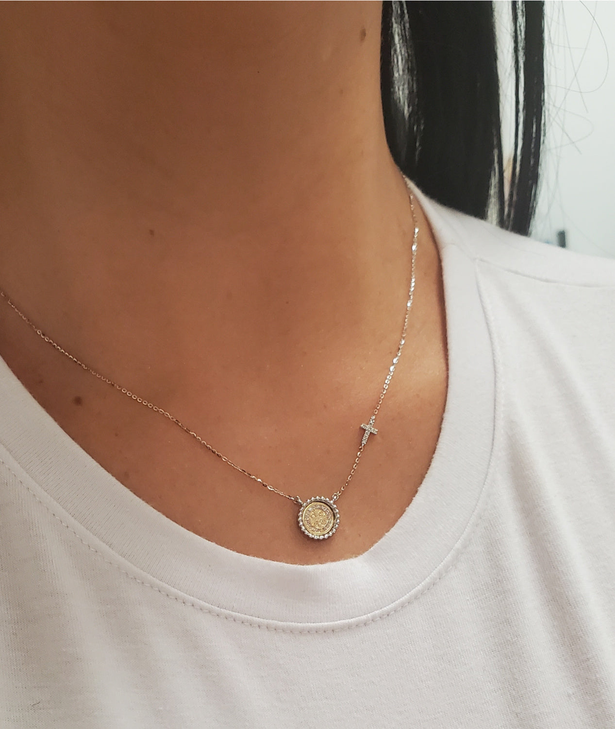 Beaded Border Mini Saint Benedict Medal with Mini Diamond Accent Cross Necklace