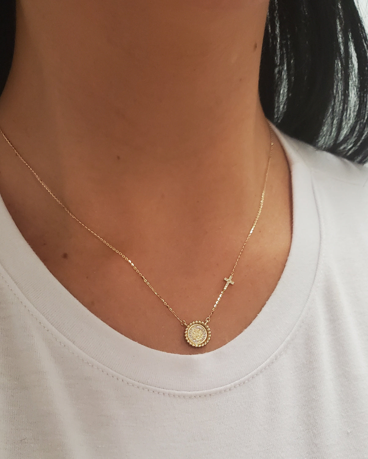 Beaded Border Mini Saint Benedict Medal with Mini Diamond Accent Cross Necklace