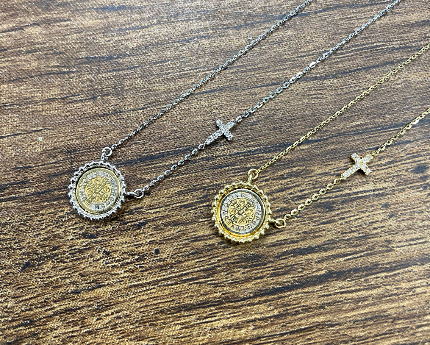 Beaded Border Mini Saint Benedict Medal with Mini Diamond Accent Cross Necklace