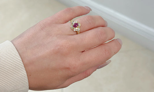 18K Yellow Gold Lab Grown Ruby & Natural Diamond Baguette Halo Ring