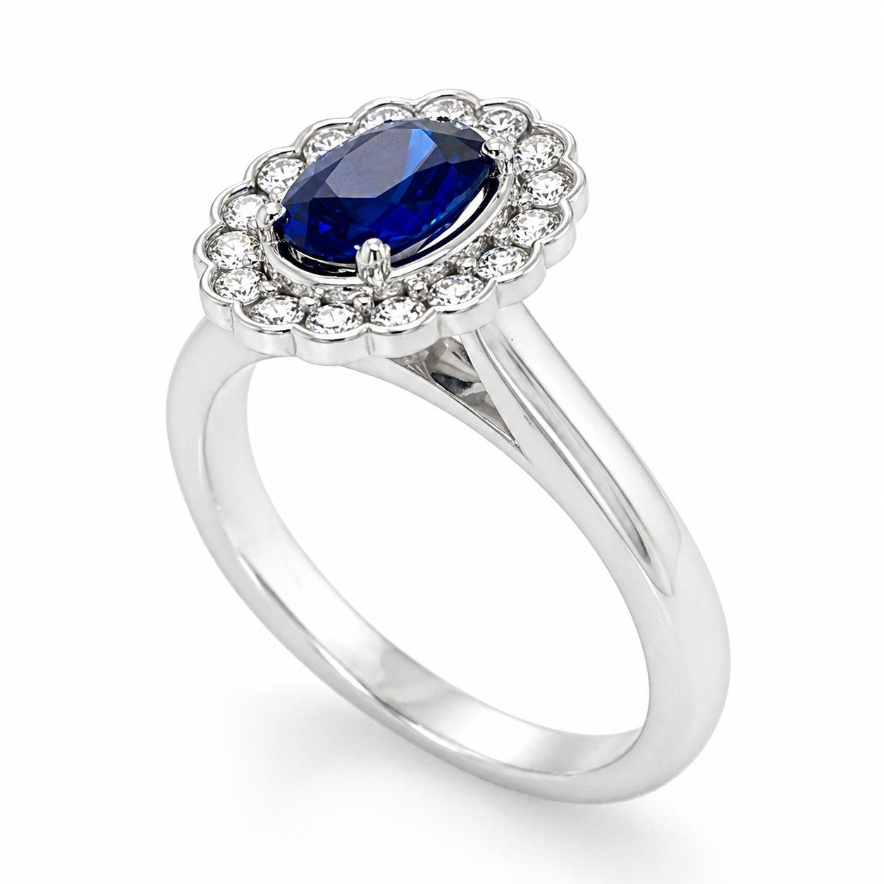 Diana Halo Blue Sapphire and Diamond Ring 14K White Gold