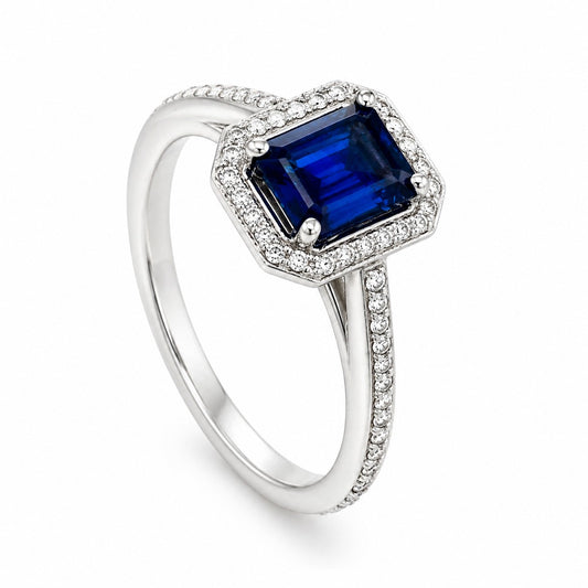 Adelia Halo Sapphire and Diamond Ring 14K White Gold