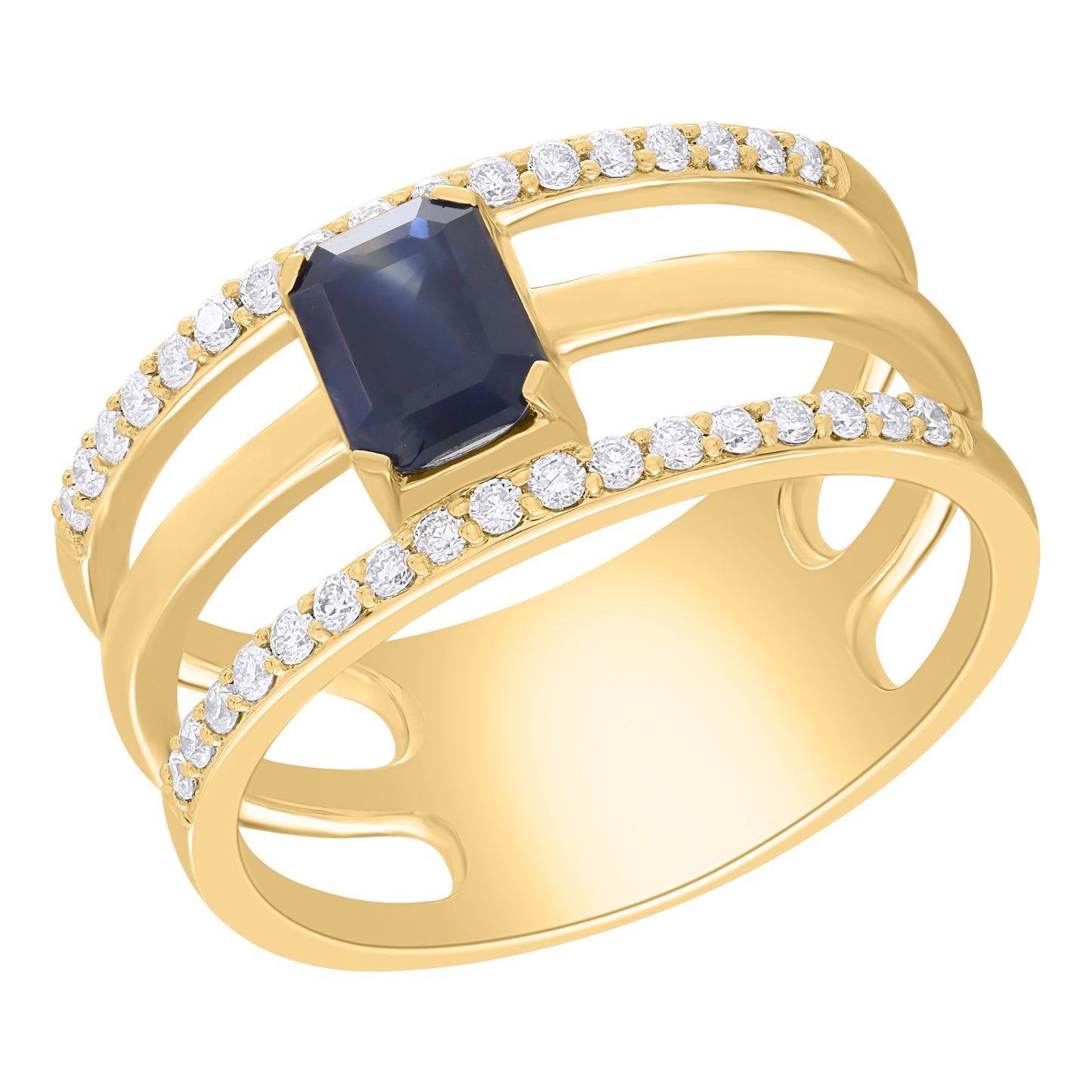 14K Gold Three Line Diamond ring with Center Color Stone