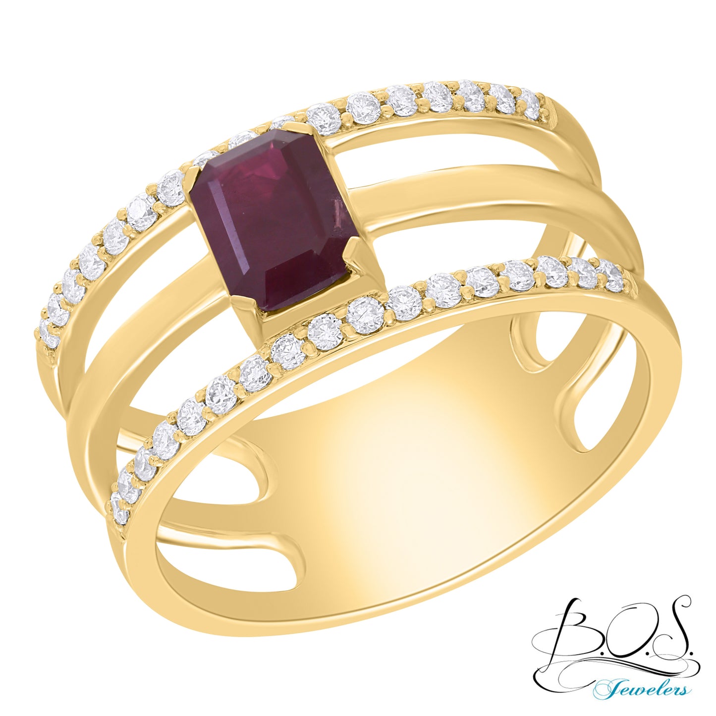 14K Gold Three Line Diamond ring with Center Color Stone