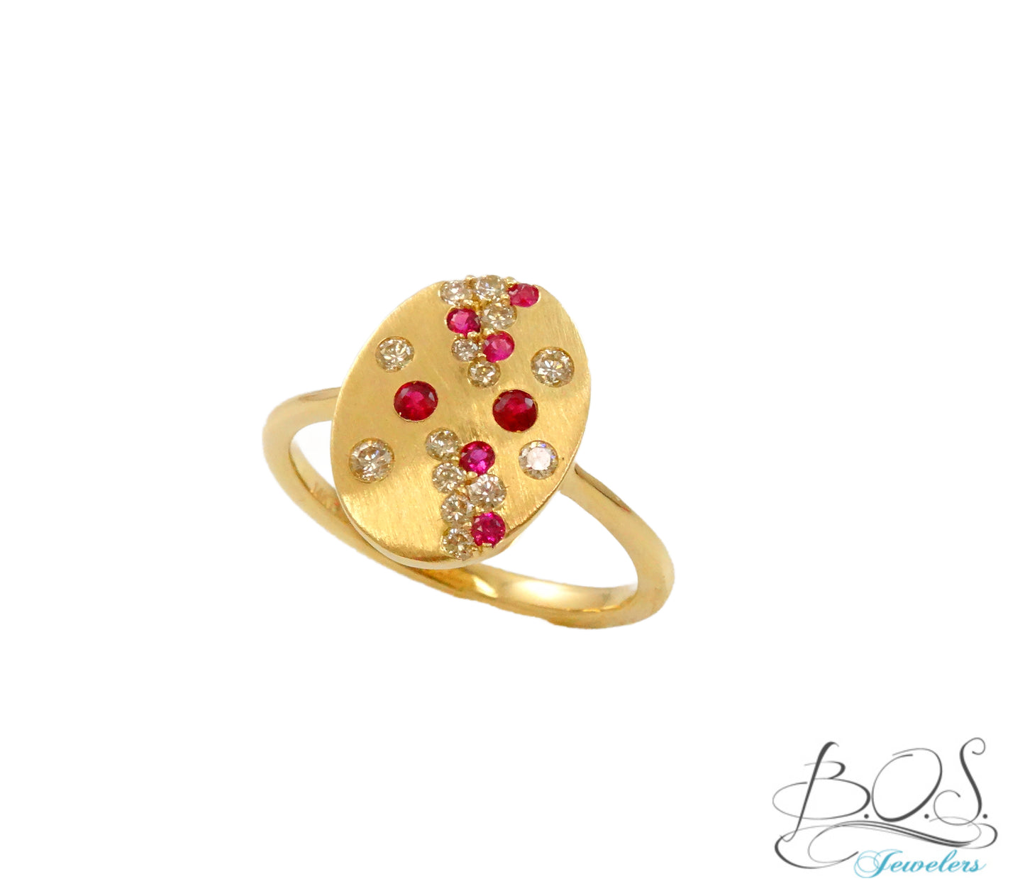 14K Gold Satin Finish Oval Diamond and Color Stone Ring