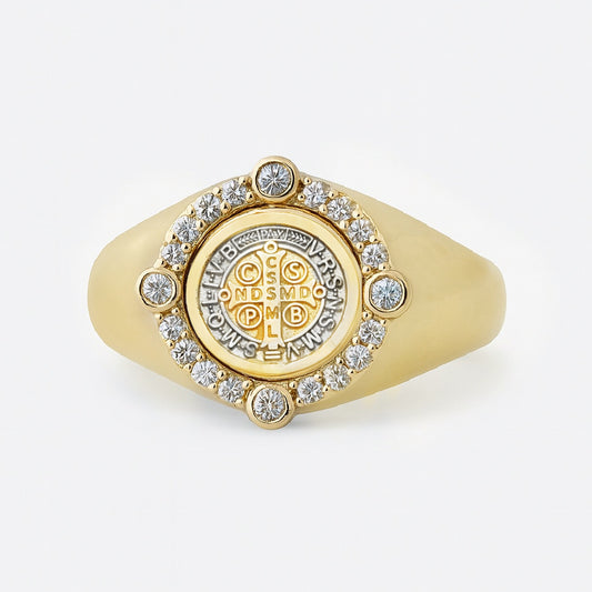 Cardinal Diamond Halo Saint Benedict Medal Signet Ring