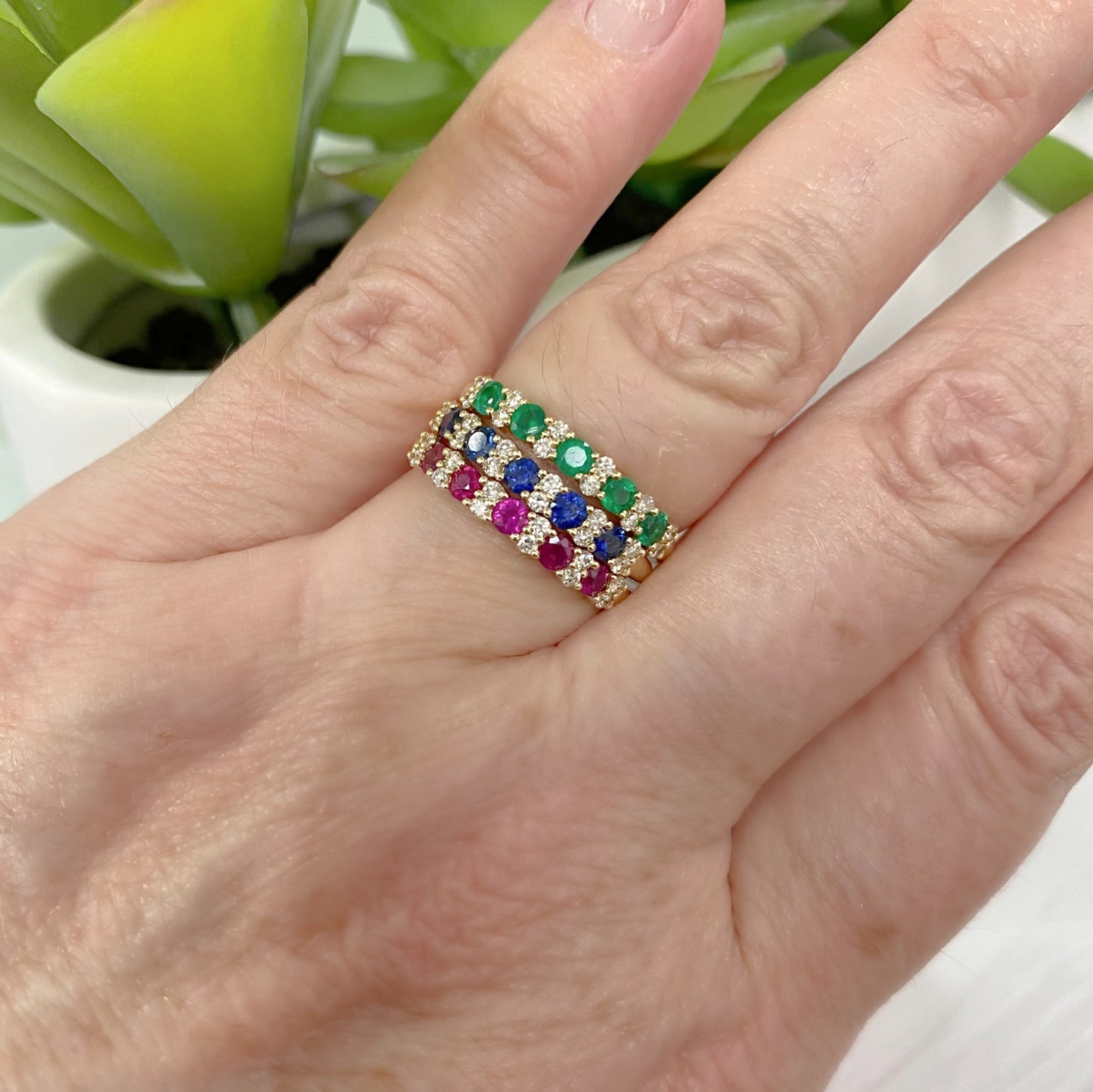 Color Stone And Diamond Station Band Ring