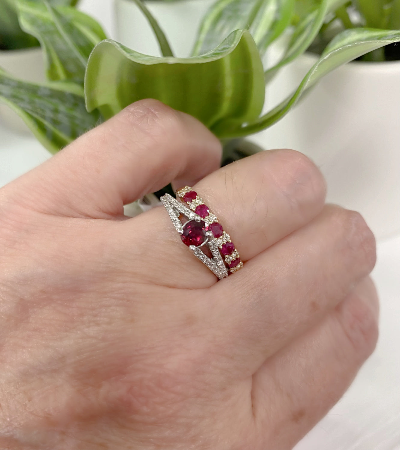 Color Stone And Diamond Station Band Ring