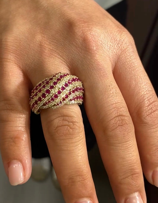 Large Flowing Wave Dome Pave Color Stone and Diamond Ring