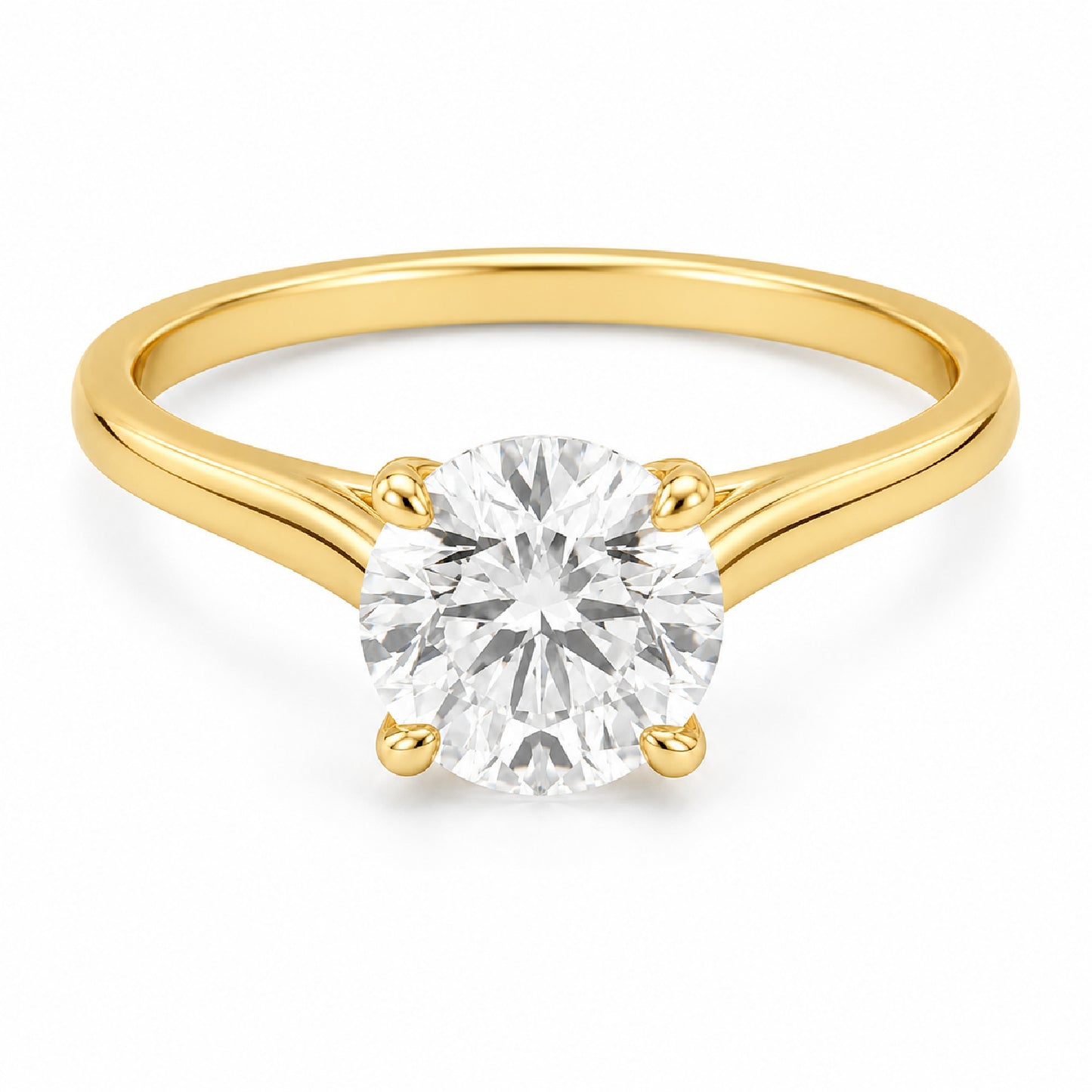 A classic solitaire engagement ring featuring a round brilliant-cut diamond set in a yellow gold four-prong band, shown on a clean white background.