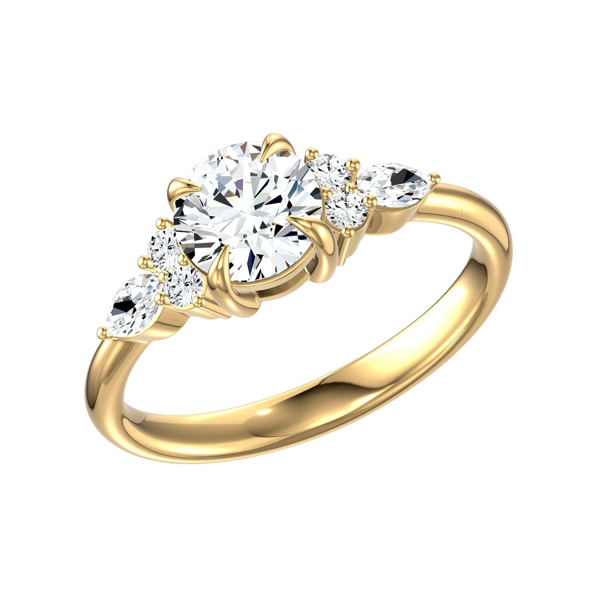 A yellow gold diamond engagement ring with a large round-cut diamond center stone and three smaller marquise-cut  and round cut side diamond stones on either side, shown on a plain white background.