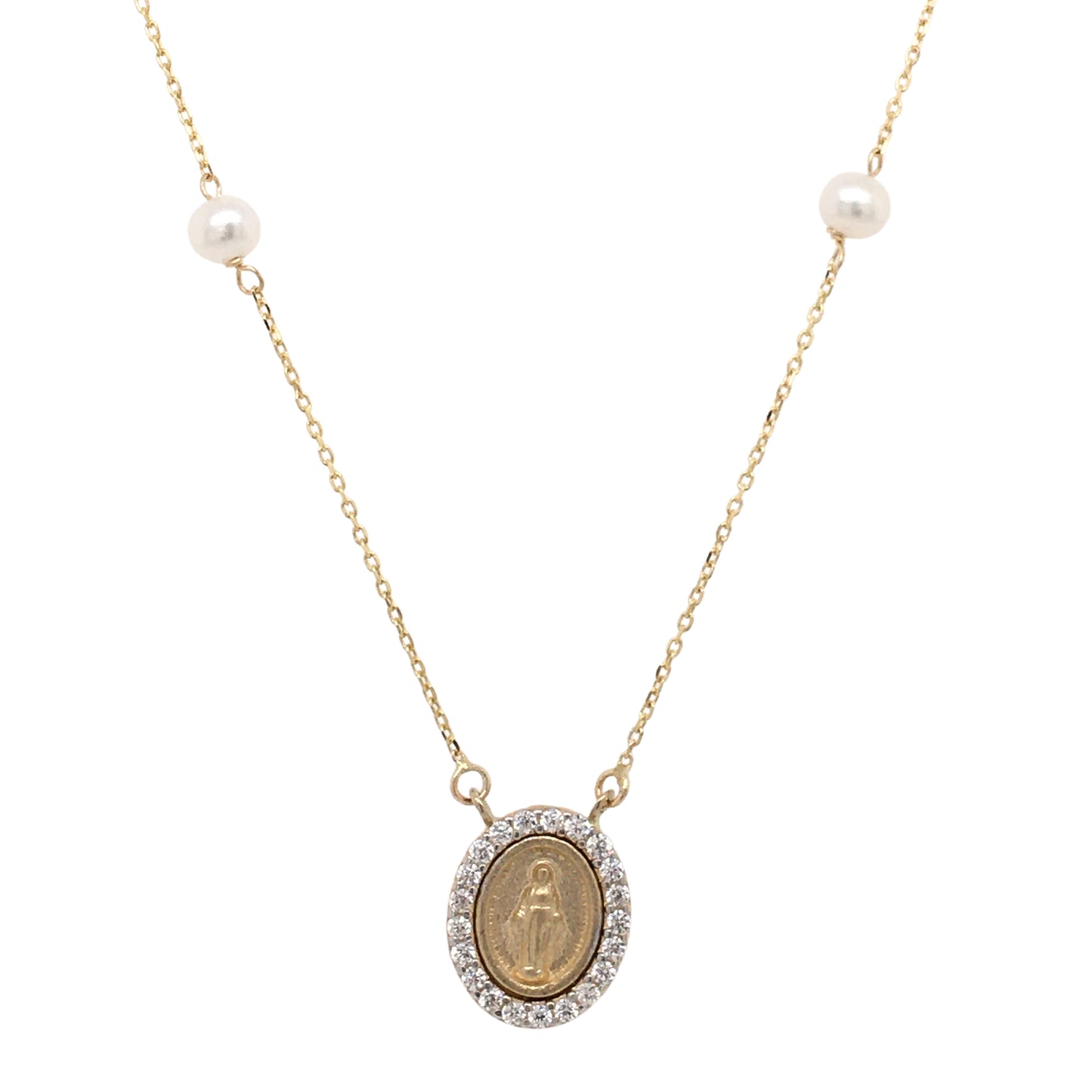 Miniature Guadalupe/Miraculous  Medal with Cubic Zirconia Frame on Pearl Necklace