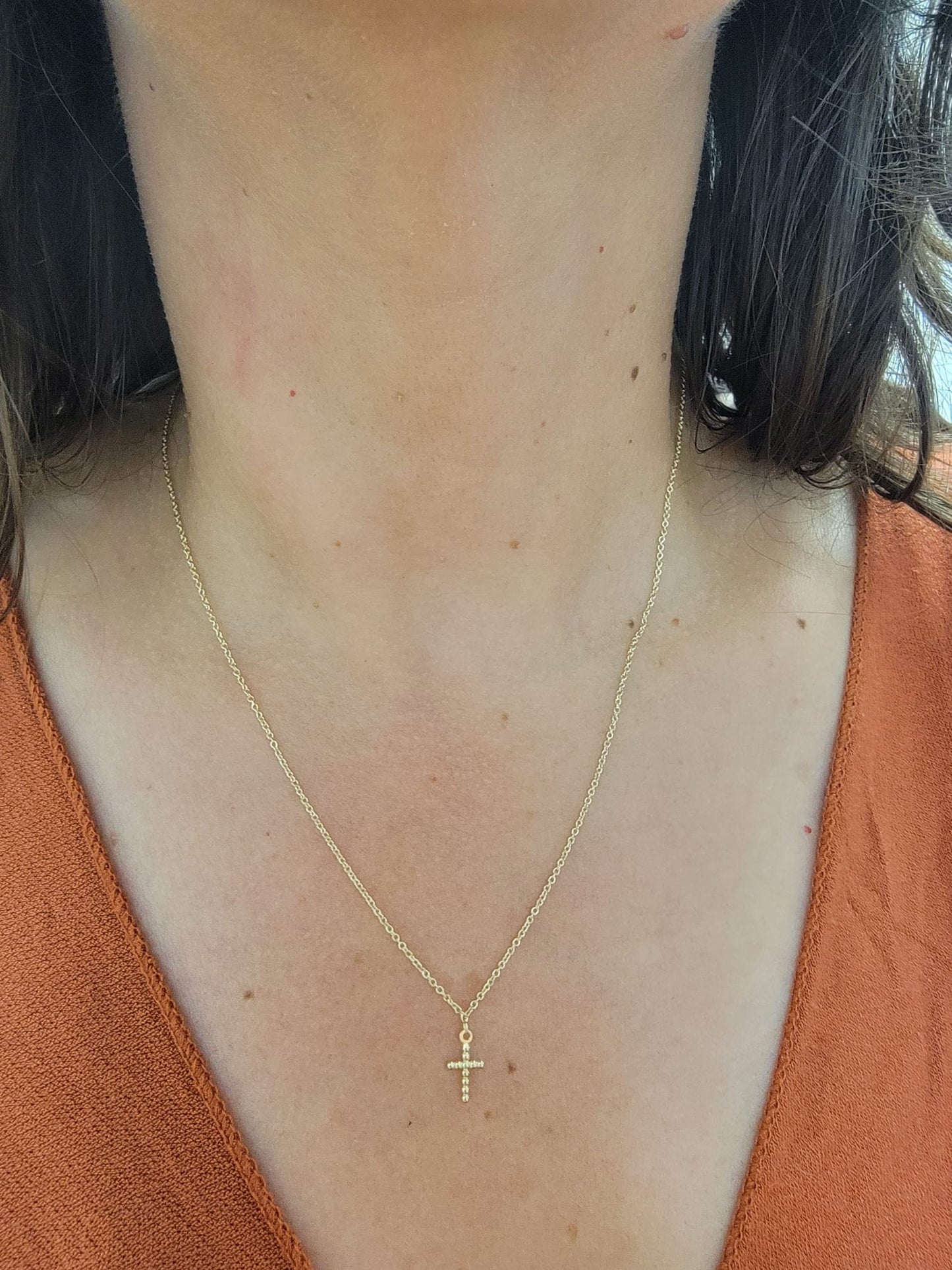 Small Pebble Cross Pendant Necklace 14K Gold