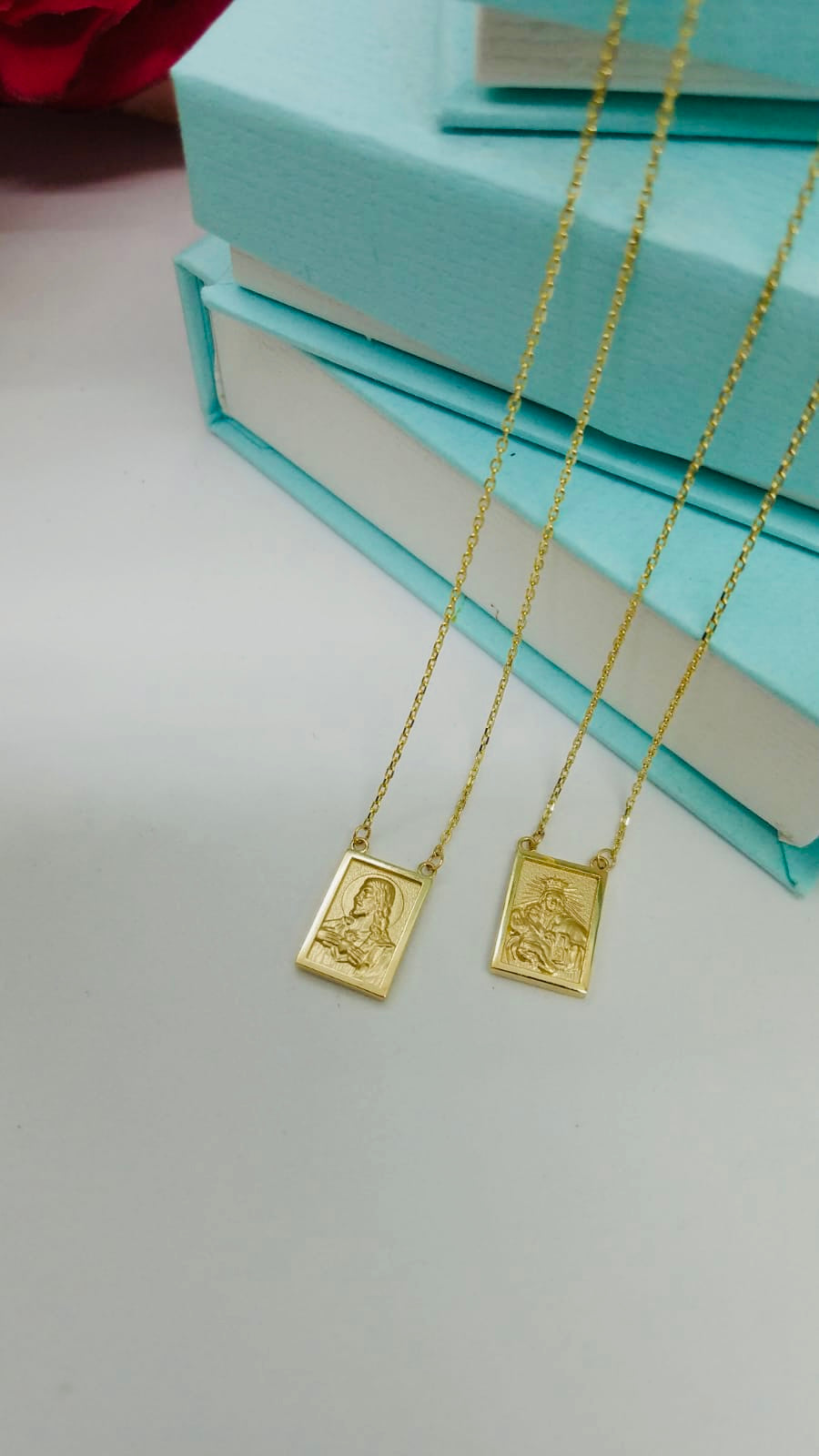 Large Double Medal Scapular Necklace 14KY Gold