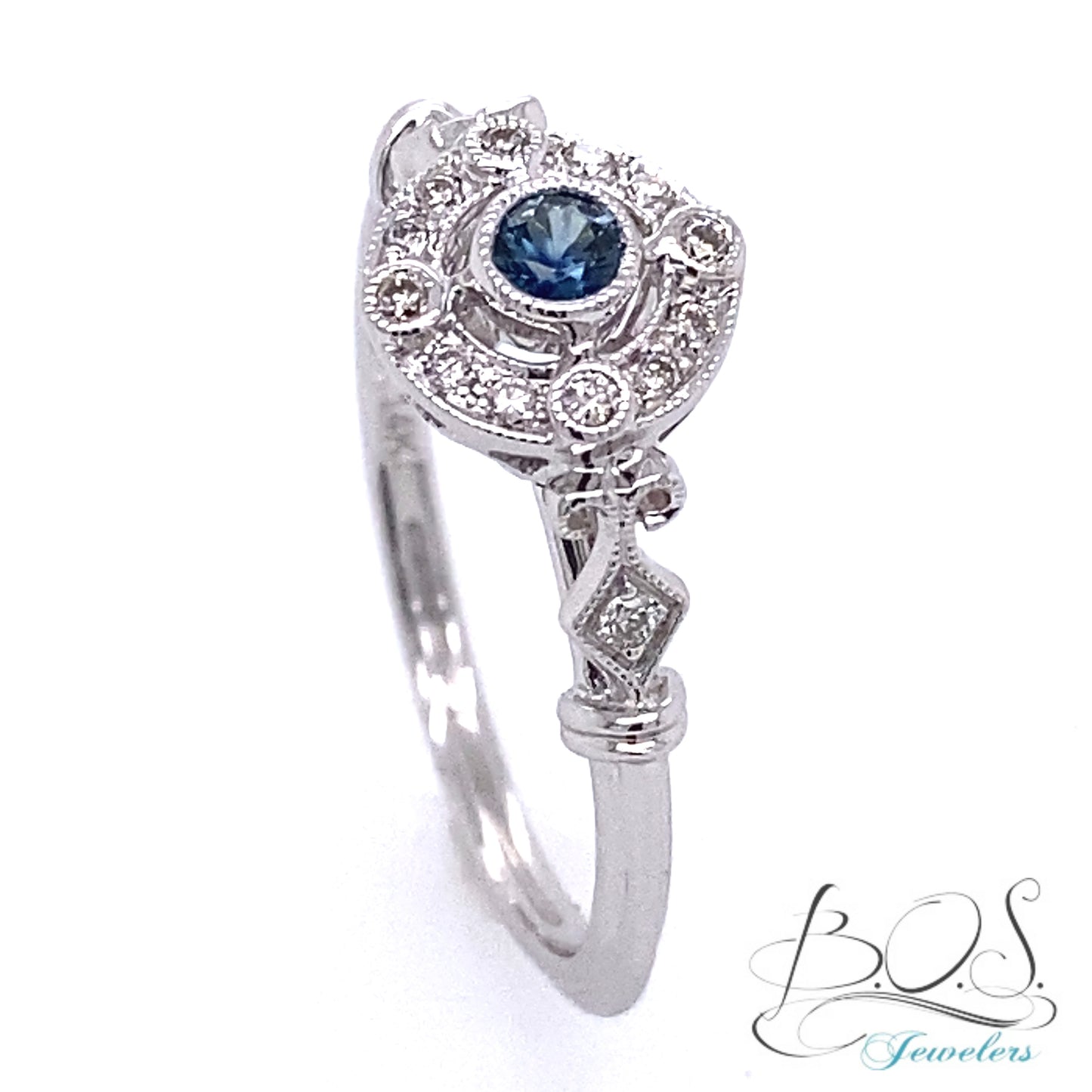 Aisling Vintage Style Ceylon Blue Sapphire and Diamond Ring 14K White Gold