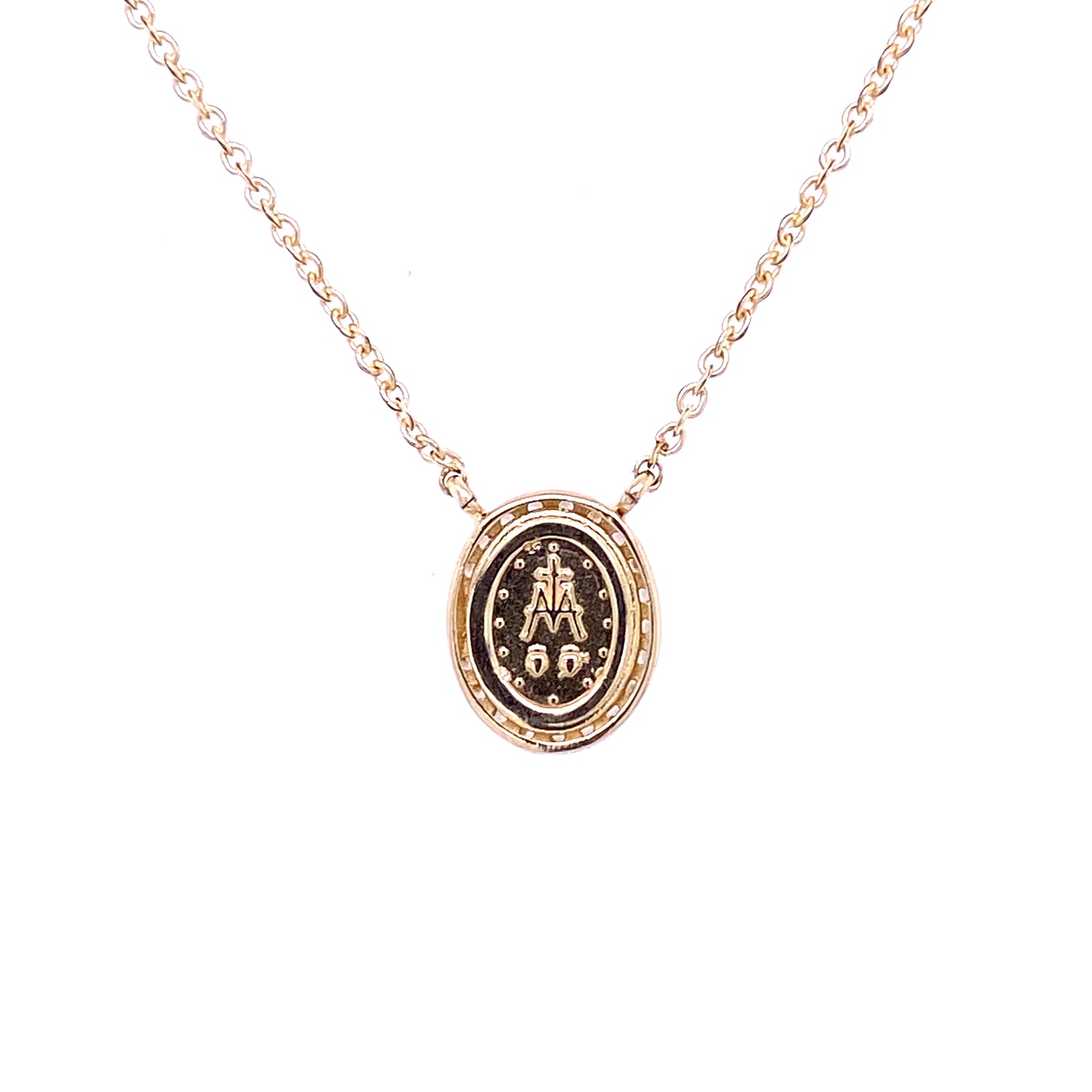 Miniature Guadalupe/Miraculous Medal with Cubic Zirconia Frame on Cable Chain Necklace 14K Gold