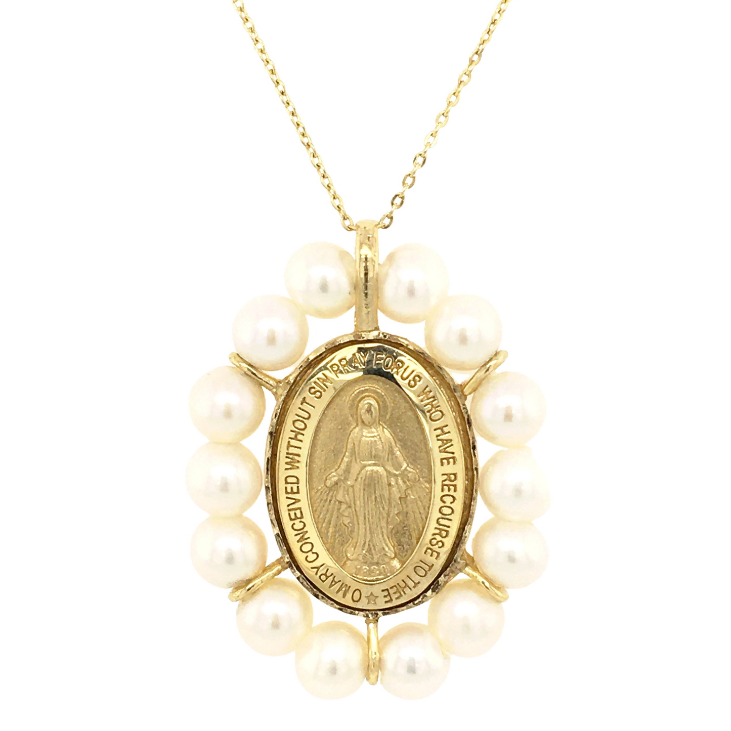 Guadalupe/Miraculous Medal with Pearl Halo 14K Yellow Gold