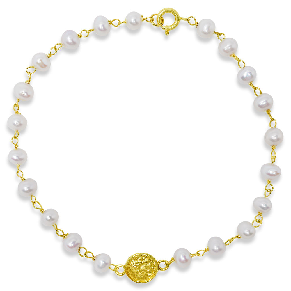 Small Angel Medal Pearl Bracelet 14K Yellow Gold