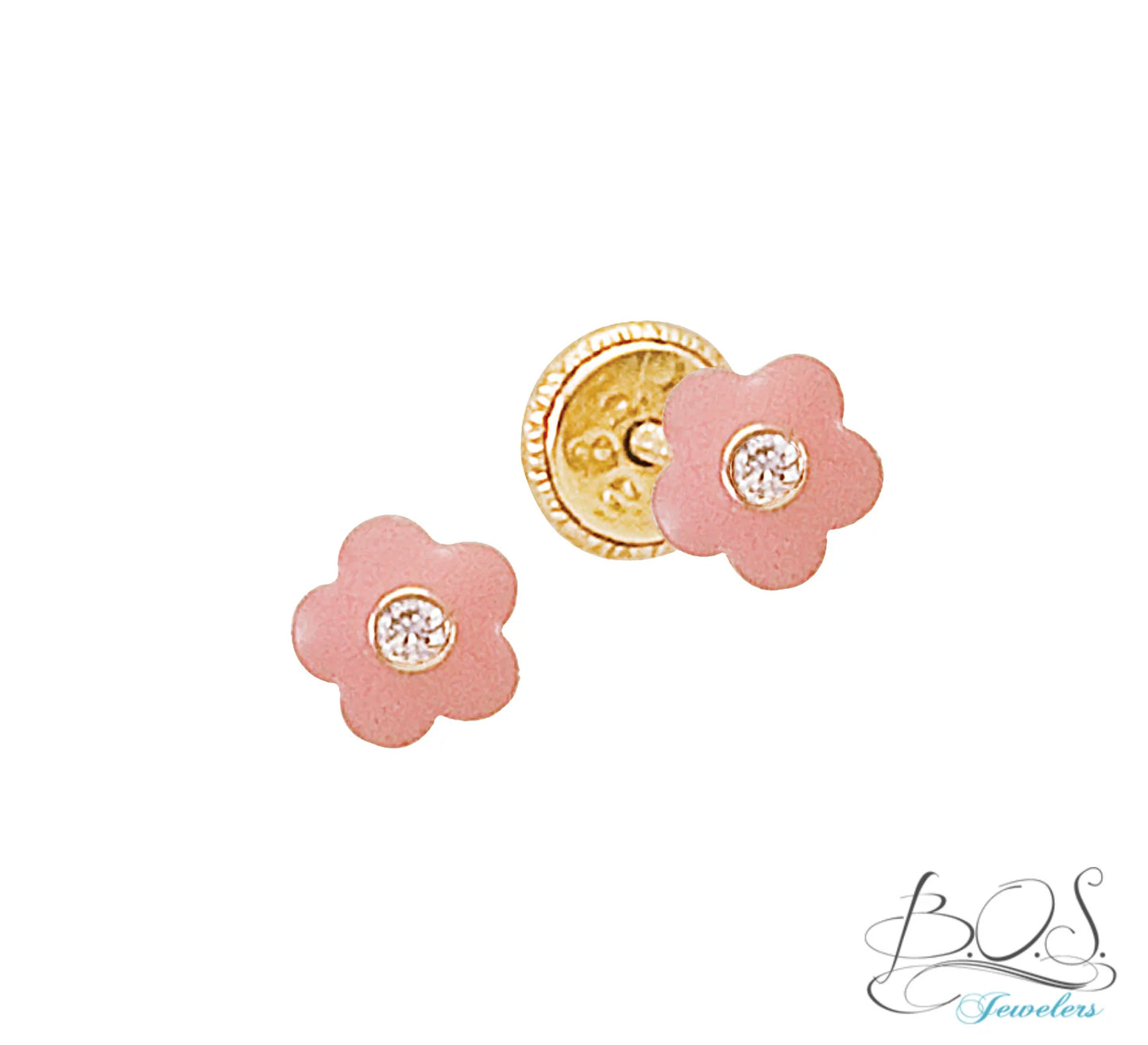Blue or Pink Enamel Miniature Flower Earring 14K Gold
