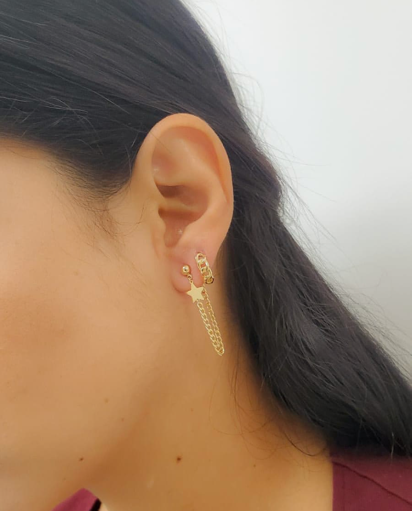 Star Dangling Curve Link Chain Earrings 14K Yellow Gold