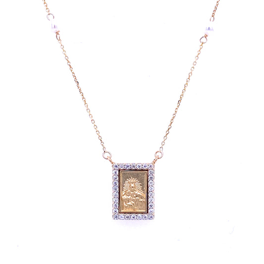 Small Scapular Medal with Cubic Zirconia On Pearl Necklace 14K Yellow Gold