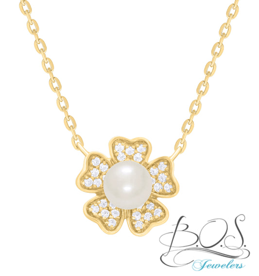 Diamond Flower with Pearl Center 14K Gold