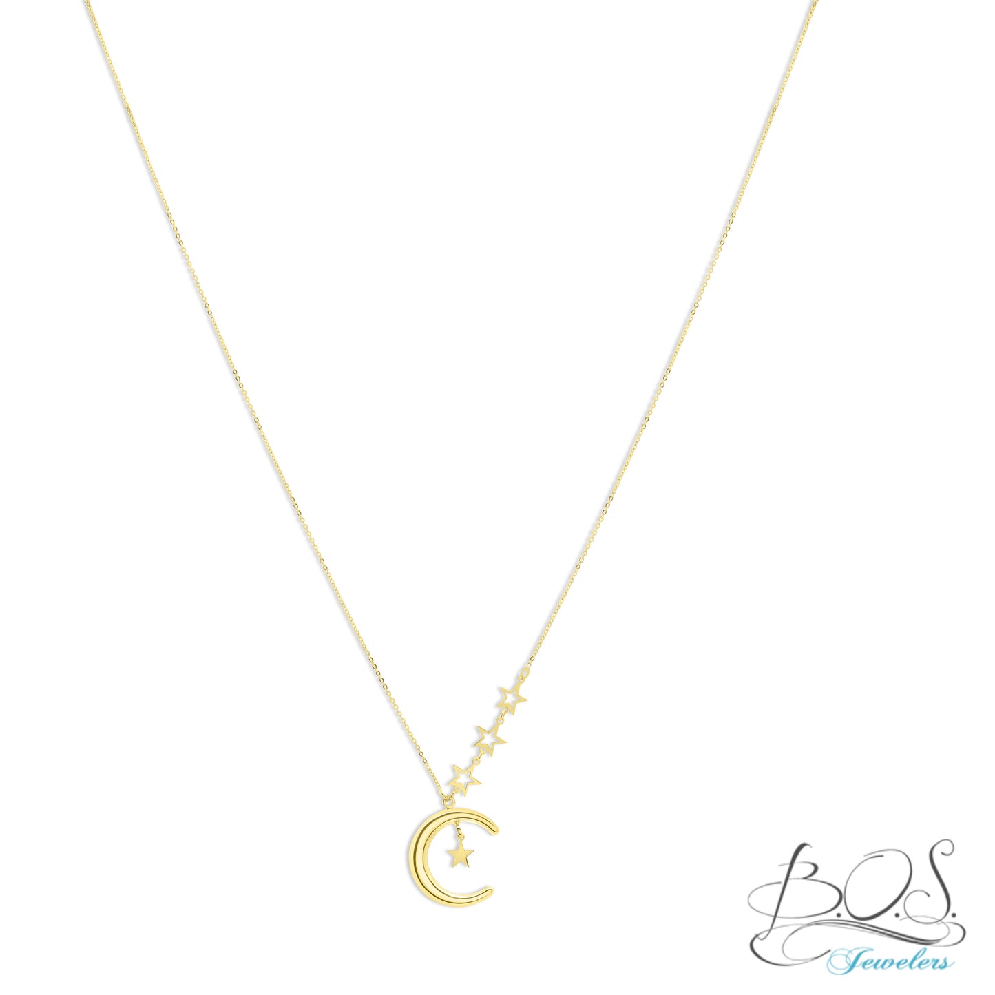 Crescent Moon Pendant with Star Accents Necklace 14KY Gold