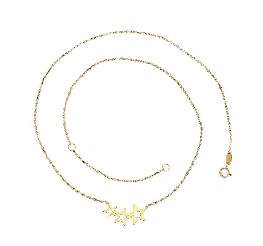 A gold necklace with three open star charms on a white background.