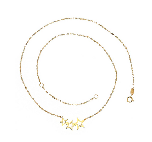 A gold necklace with three open star charms on a white background.