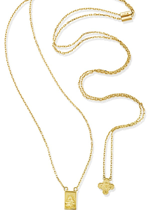 A petite long scapular necklace crafted in 14K Yellow Gold with two medals, one square scapular with images of the Virgen of Mount Carmel and the Sacred Heart of Jesus, and another four way cross with images of four saints.