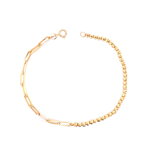 Diamond Cut on the Bead Design and a Paperclip Chain Bracelet 14K Gold