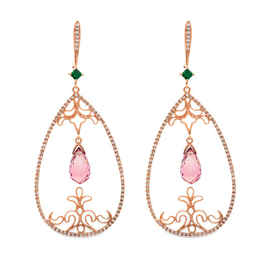 Open Drop Pink Tourmaline & Diamond Chandelier Earrings 14K Rose Gold