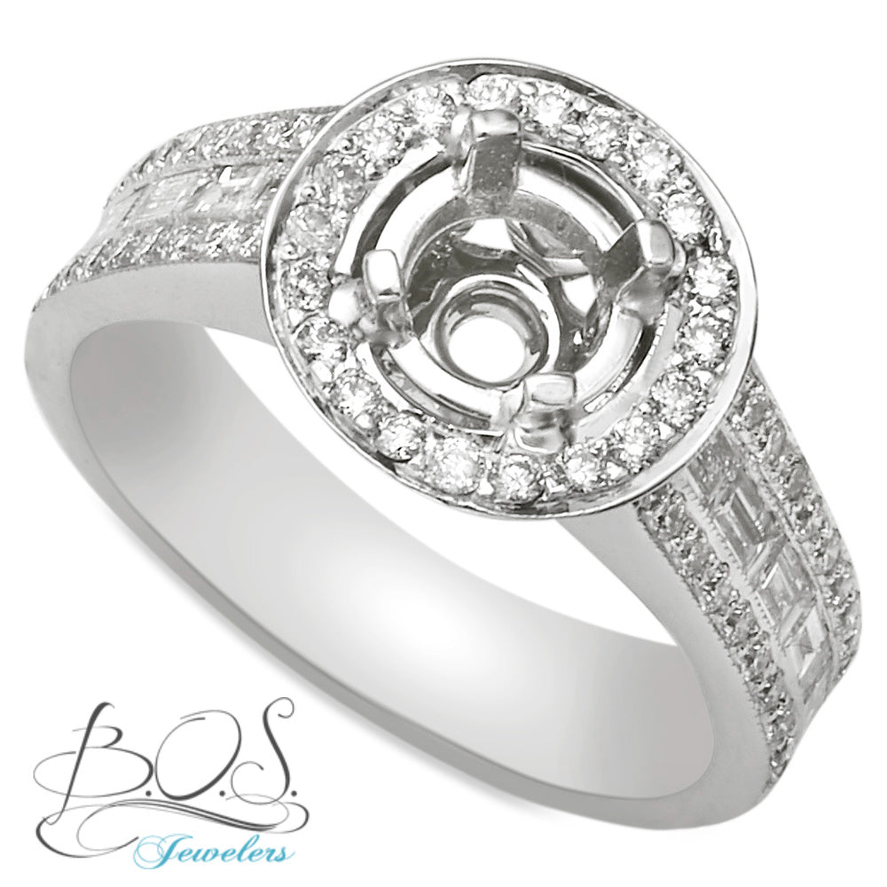 18K White Gold Round Halo Diamond Baguette Engagement Ring