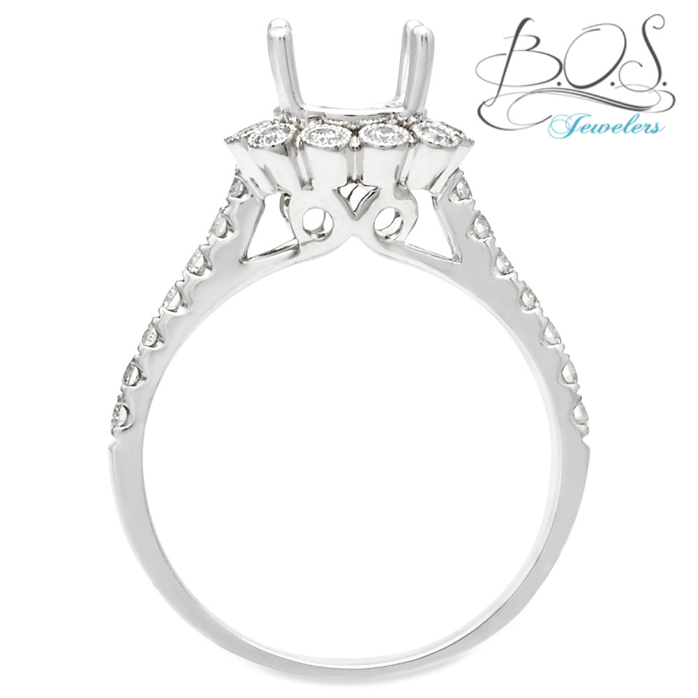 18K White Gold Vintage Cushion Halo Cathedral Diamond Engagement Ring