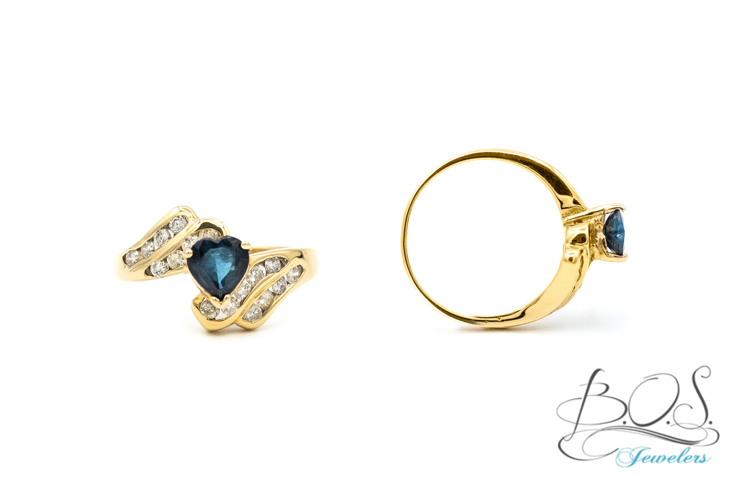 Heart Shape Blue Sapphire In a Wave & Diamond Ring 14K Gold