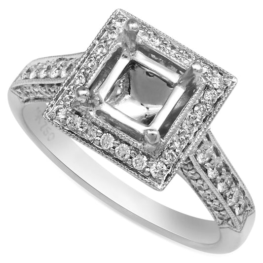 Square Halo Pave Fusion Diamond Engagement Ring 18K White Gold