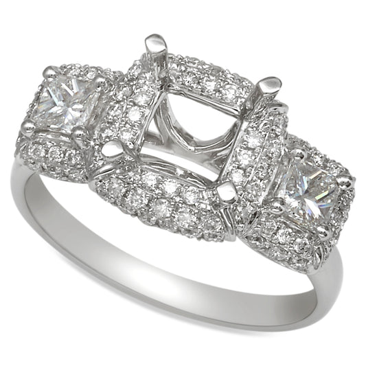 Three Stone Micro Pave Halo 18 Karat White Gold Diamond Engagement Ring