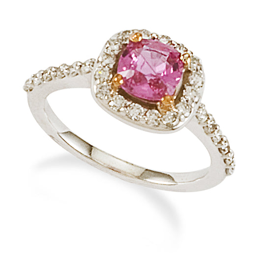 Halo Pink Cushion Cut Sapphire Gemstone on Diamond Ring 18K White Gold