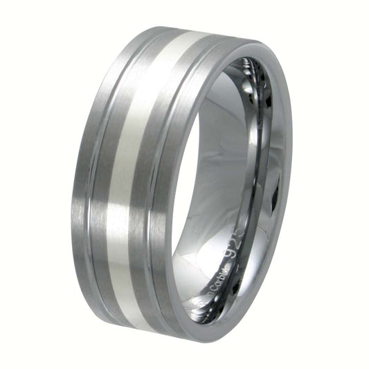 Men's Tungsten and Silver Inlay 9mm Wedding Band