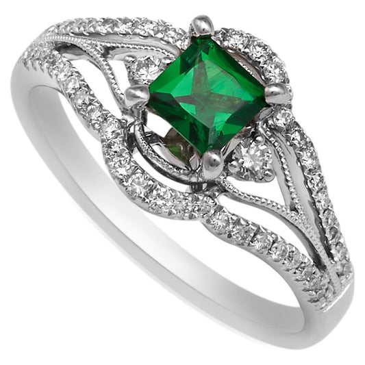 Princess Green Tsavorite Vintage Diamond Ring 18K Gold