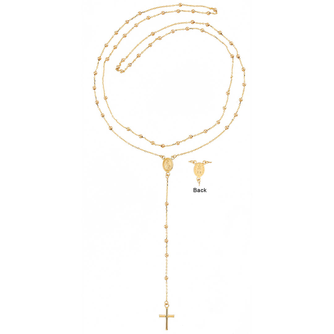 A traditional rosary necklace made of gold with a cross and miraculous medal, without a clasp, against a white background.