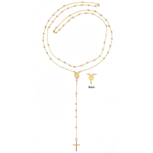 A traditional rosary necklace made of gold with a cross and miraculous medal, without a clasp, against a white background.
