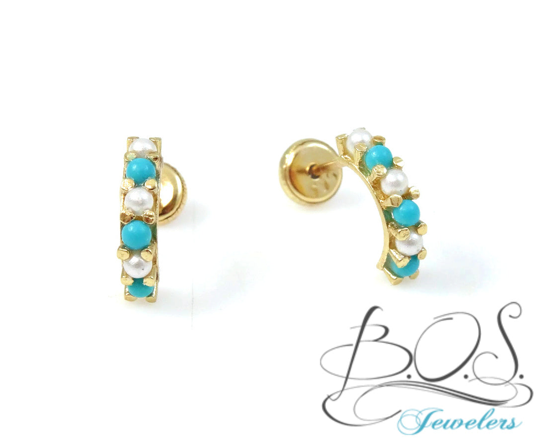 Pearl or Turquoise Half Hoop Earring 14KY Gold
