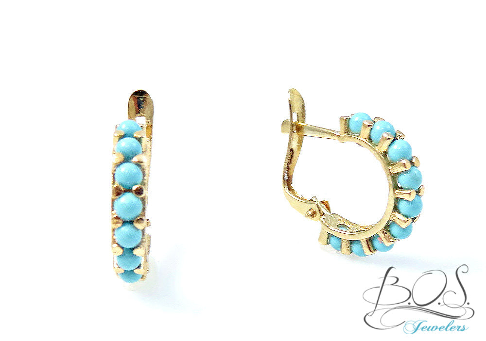 Pearl or Turquoise Huggie Earrings 14KY Gold