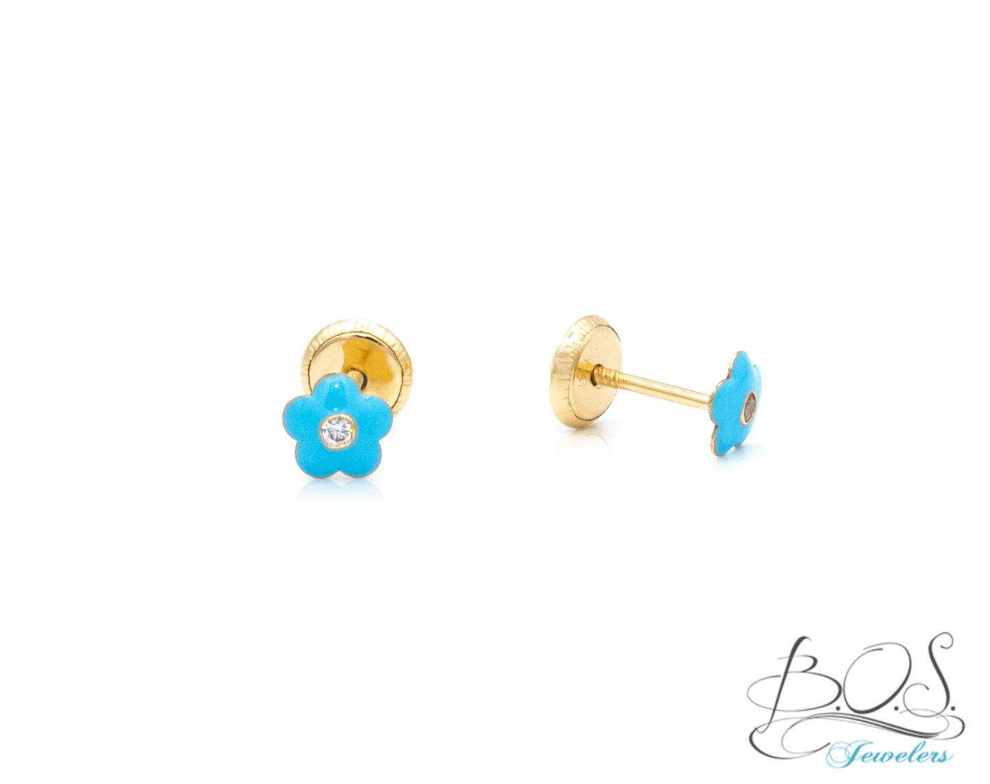 Blue or Pink Enamel Miniature Flower Earring 14K Gold