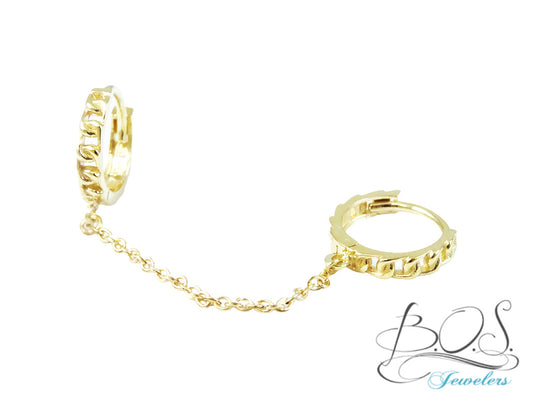 Curved Link Huggies with Chain 14K Gold
